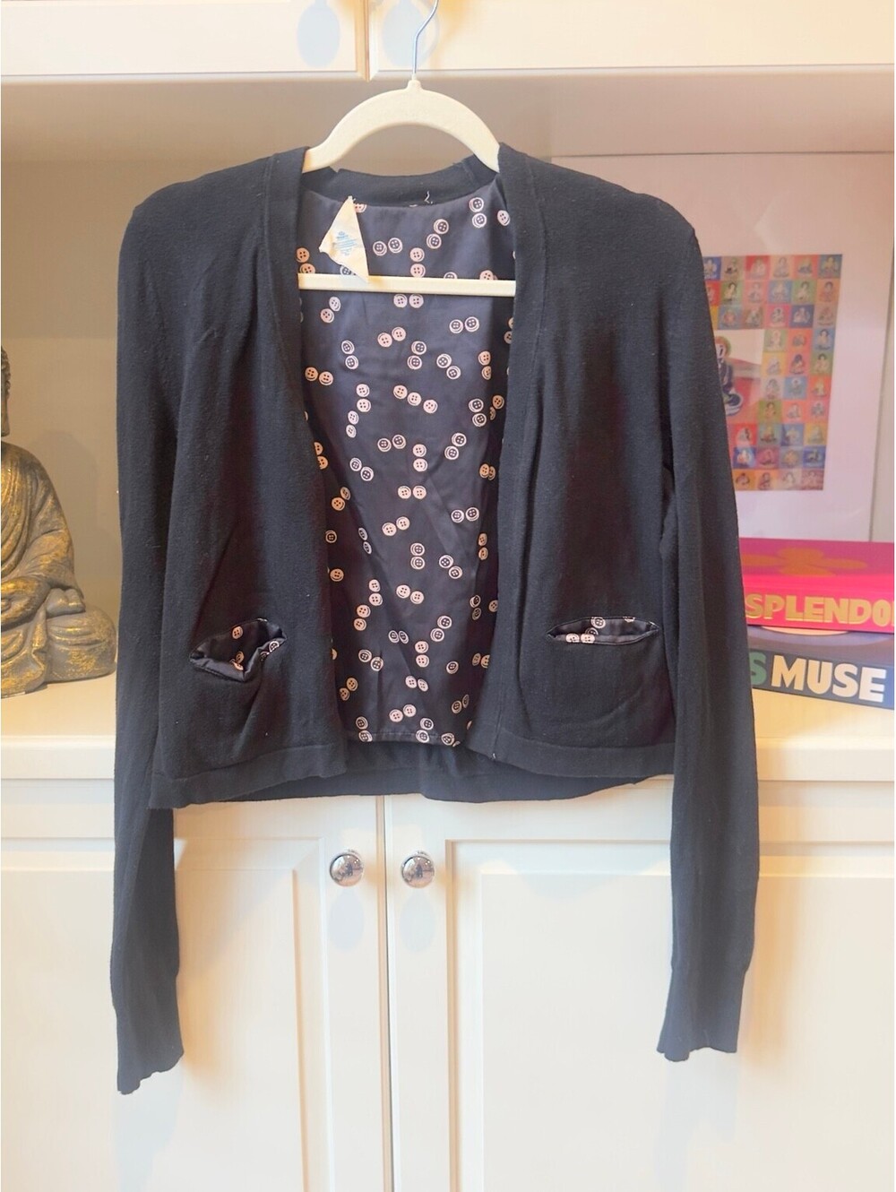 Anthropologie Black Knit Cardigan Silk Lined Open Front Sweater